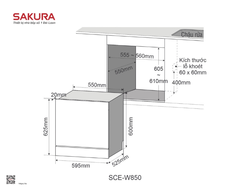 bảng kích thước máy rửa chén âm tủ