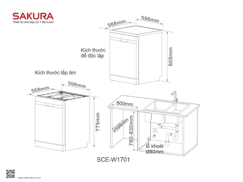 bảng kích thước máy rửa chén độc lập